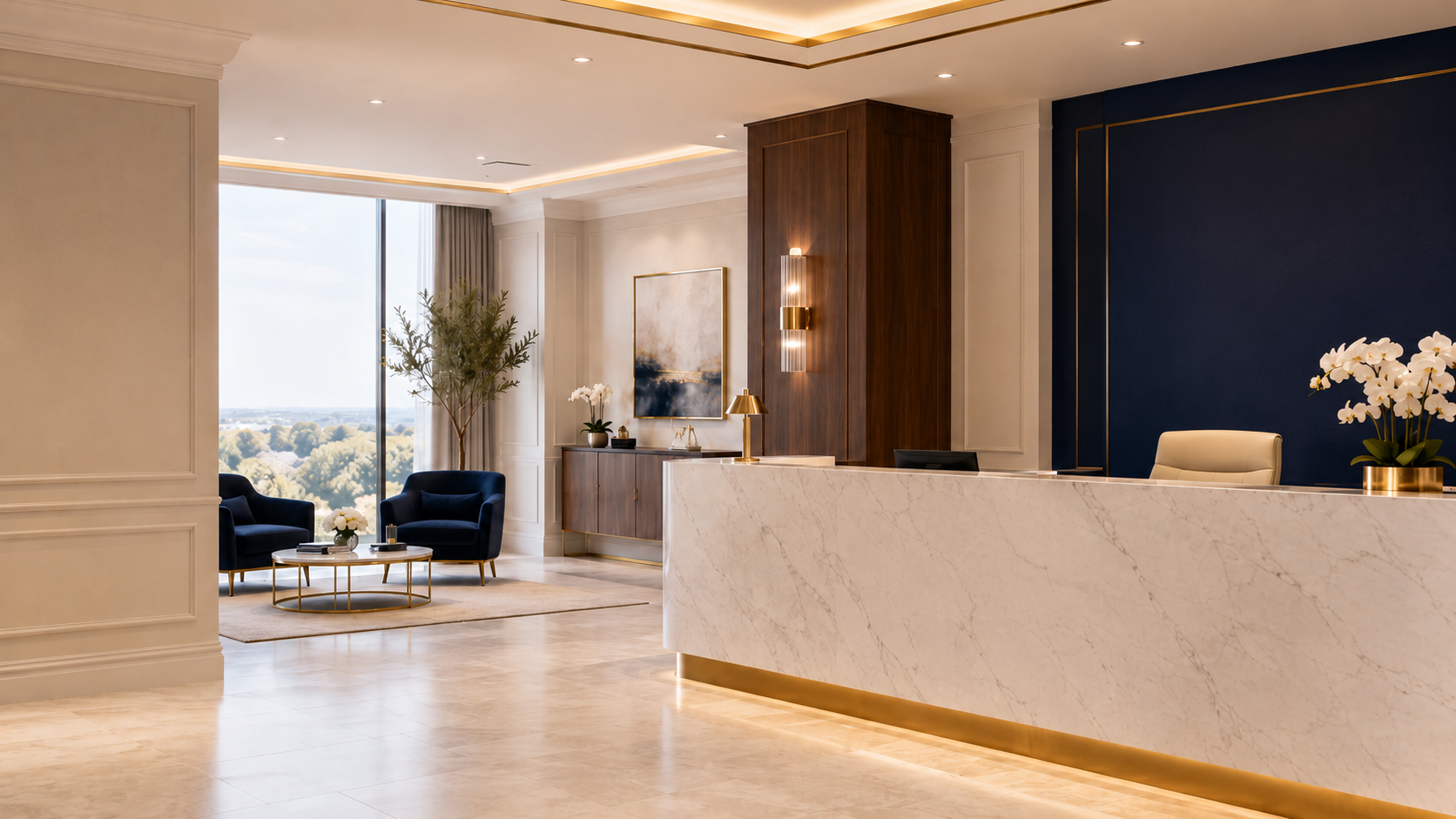 Luxury concierge medical reception with marble desk, navy accent wall and gold details
