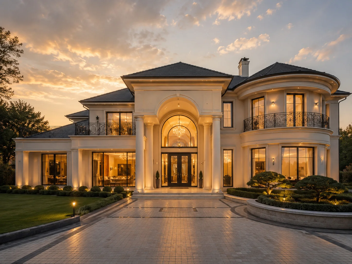 Luxury custom home exterior at sunset