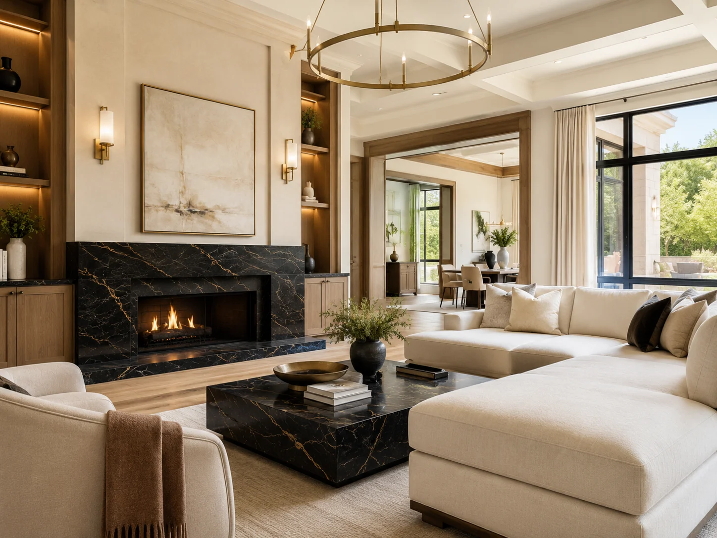Elegant completed living room with black marble fireplace